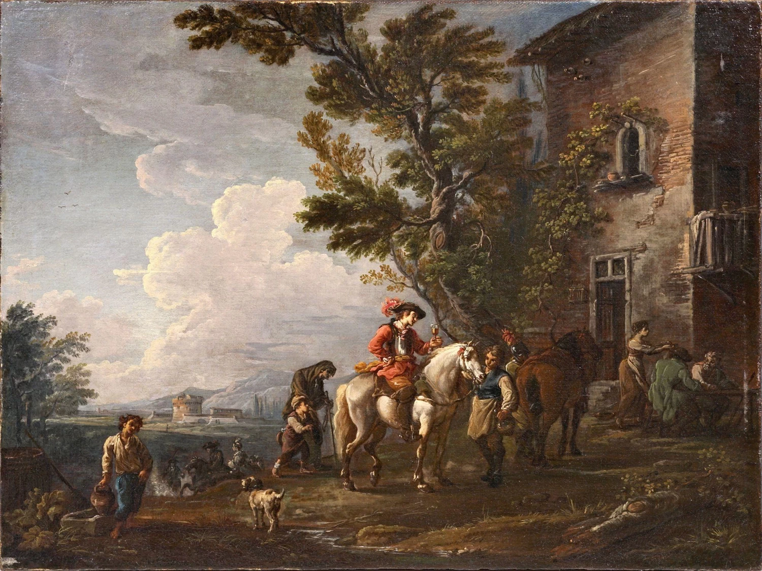 Paesaggio italiano con cavalieri davanti a una locanda